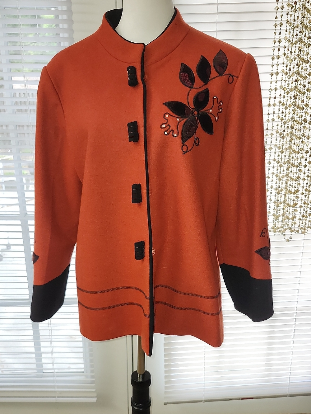Women's Orange Embroidered Stand-Collar Blazer Jacket